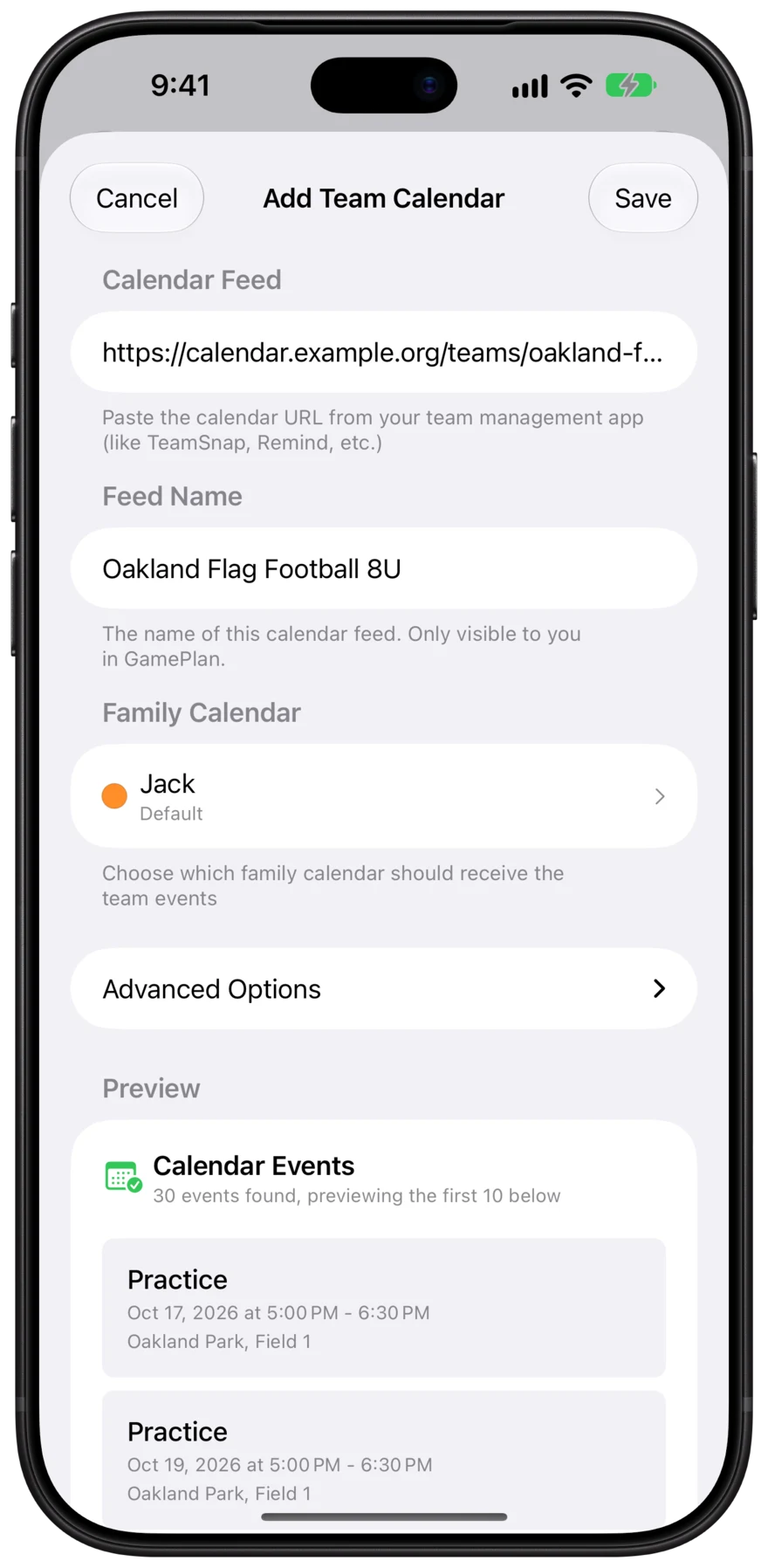 The Add Team Calendar screen with a calendar link, a name, and a family calendar picked