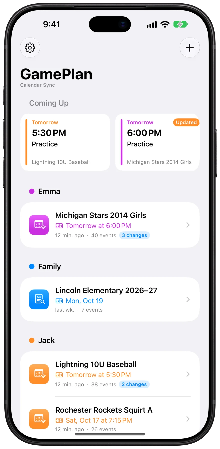 The GamePlan dashboard, showing upcoming events and teams for Emma, the family, and Jack