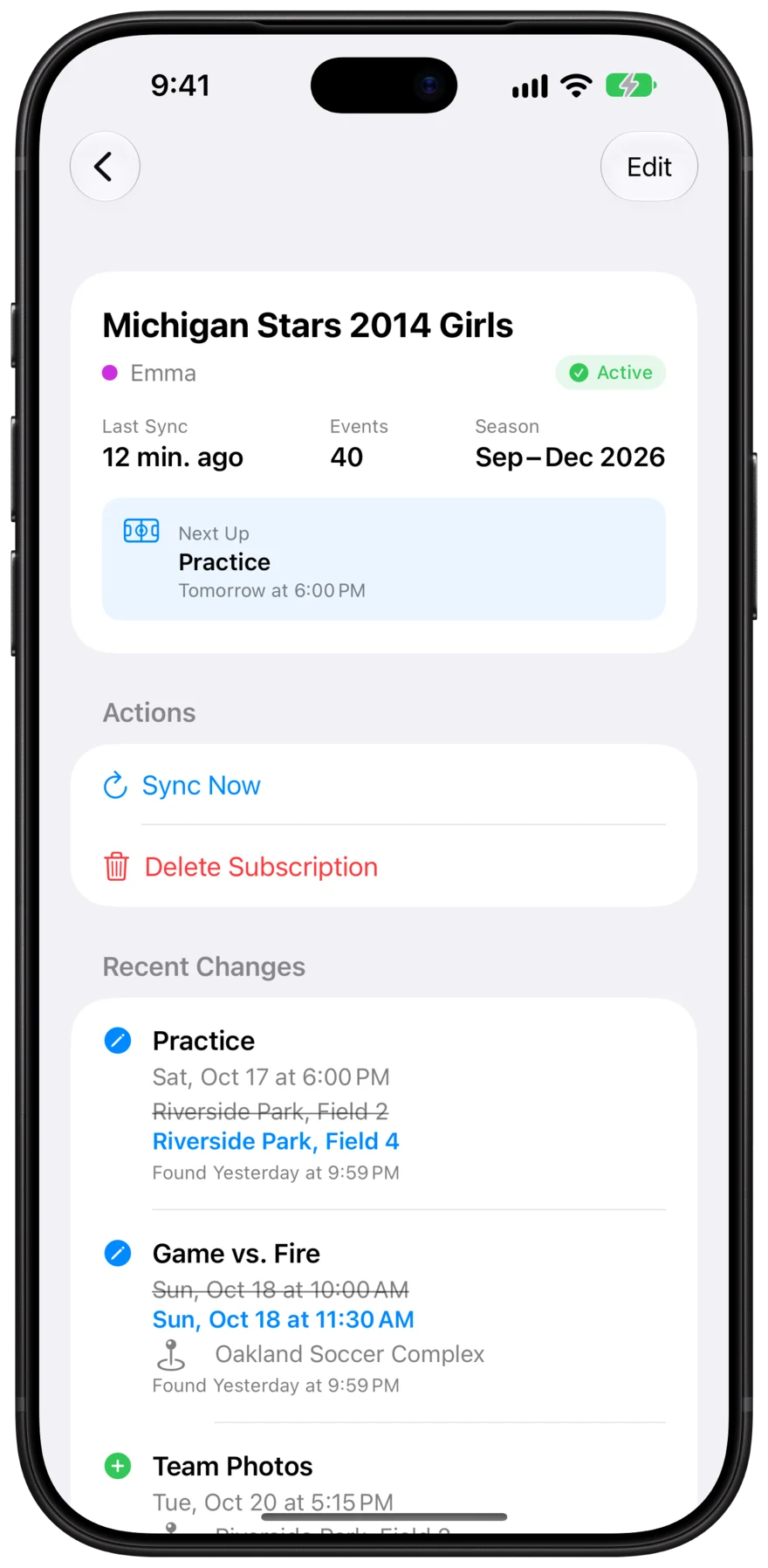 A team's status card with its last sync, event count, season, and next practice