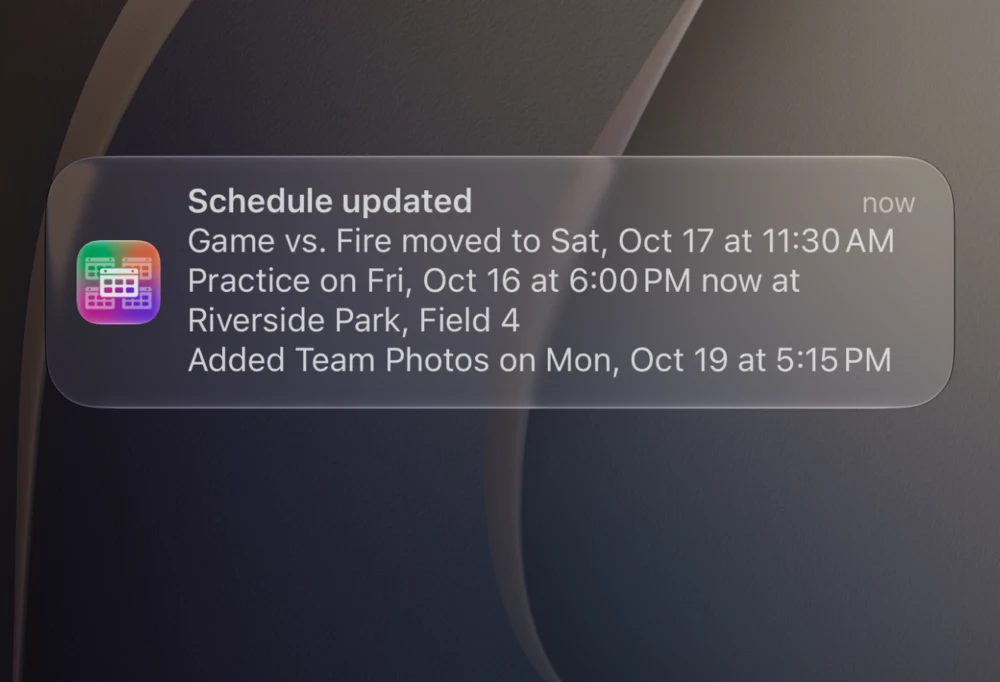A GamePlan notification listing three schedule changes: a game moved, a practice's new field, and an added event